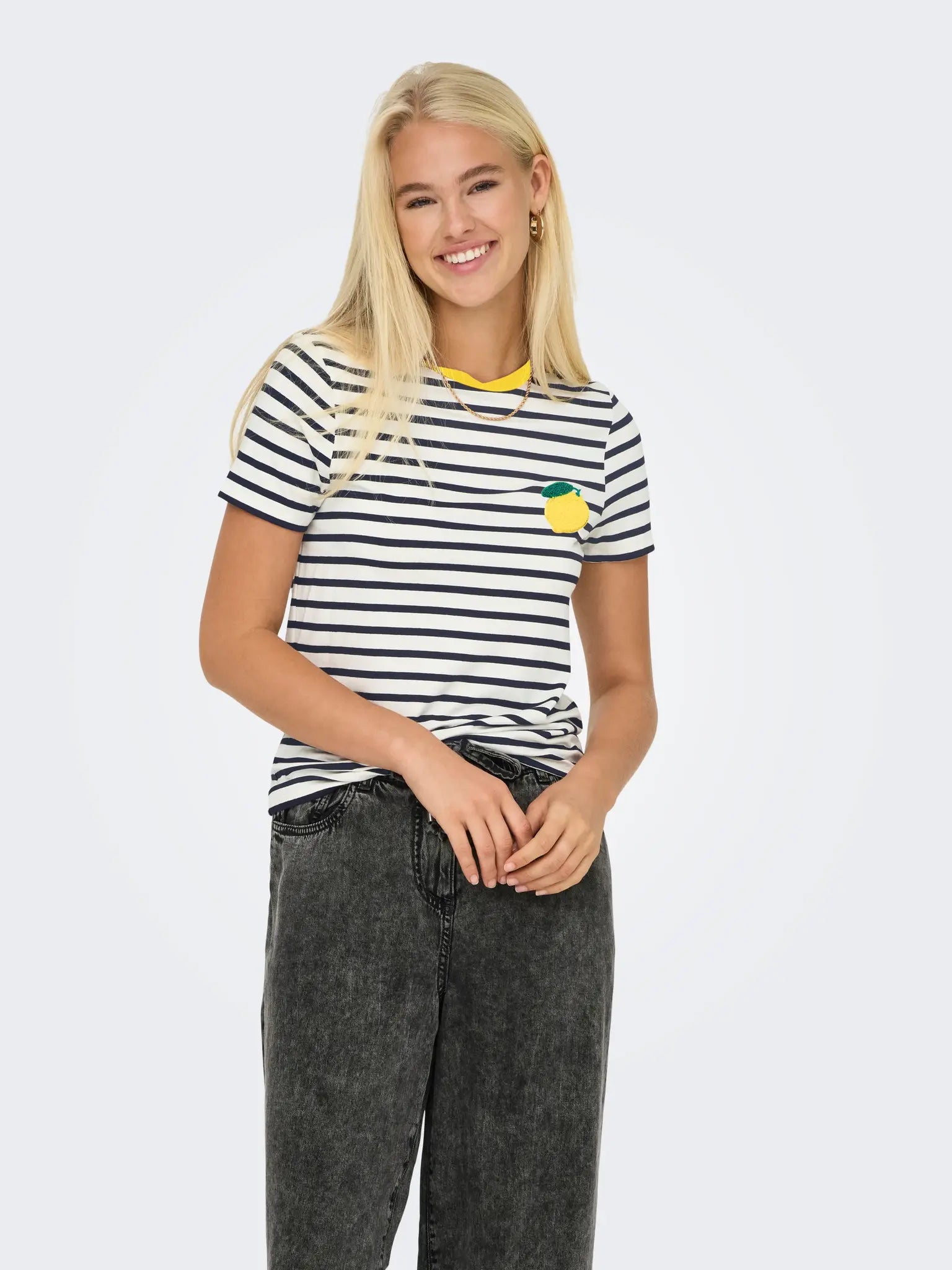 Only T-Shirt ONLHEART 15318959 - Cloud Dancer Stripes:NIGHT SKY/ LEMON