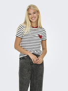 Only T-Shirt ONLHEART 15318959 - Cloud Dancer Stripes:NIGHT SKY / RED HEART