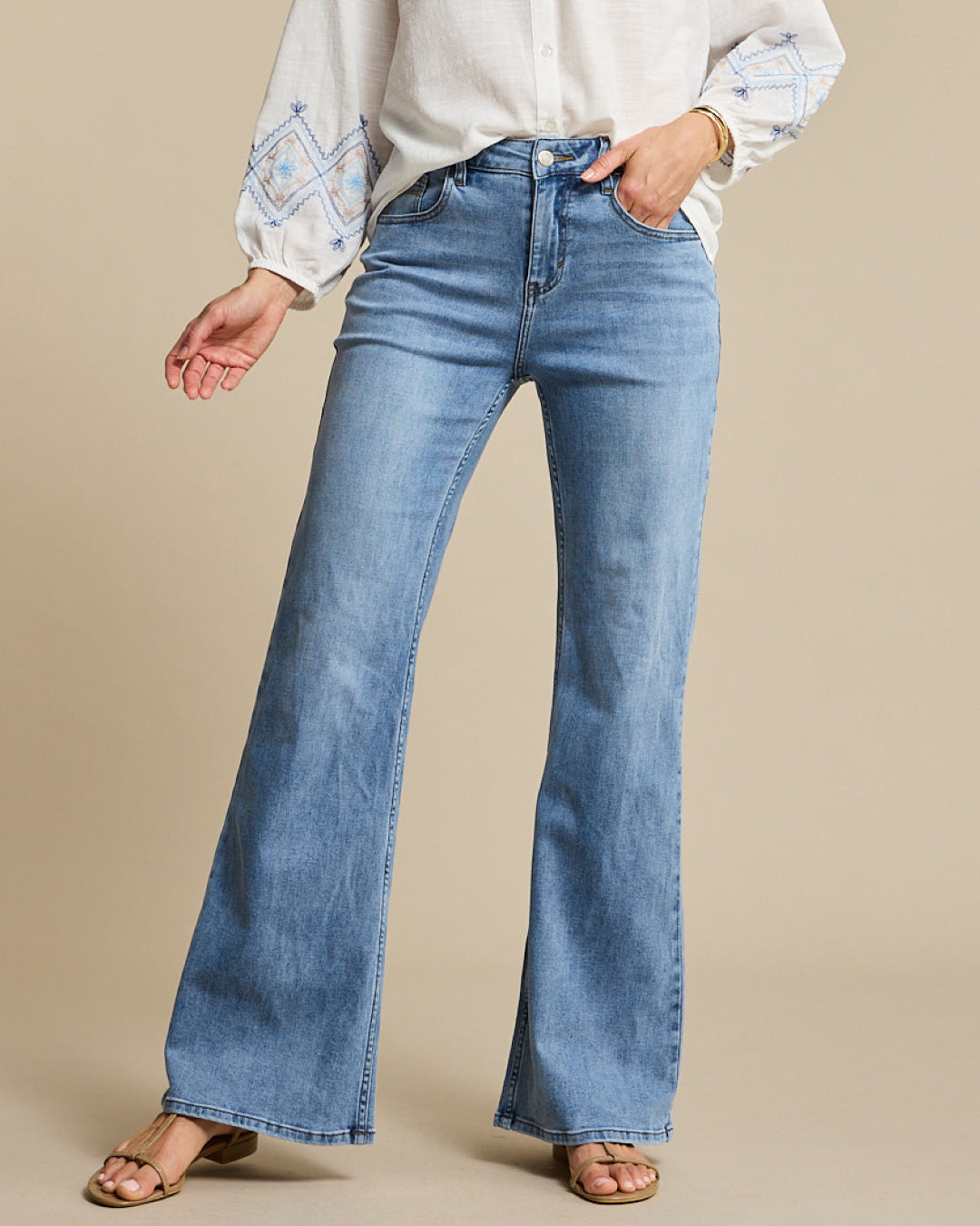 Red button Flared Jeans Brielle SRB4842 - Light Stone